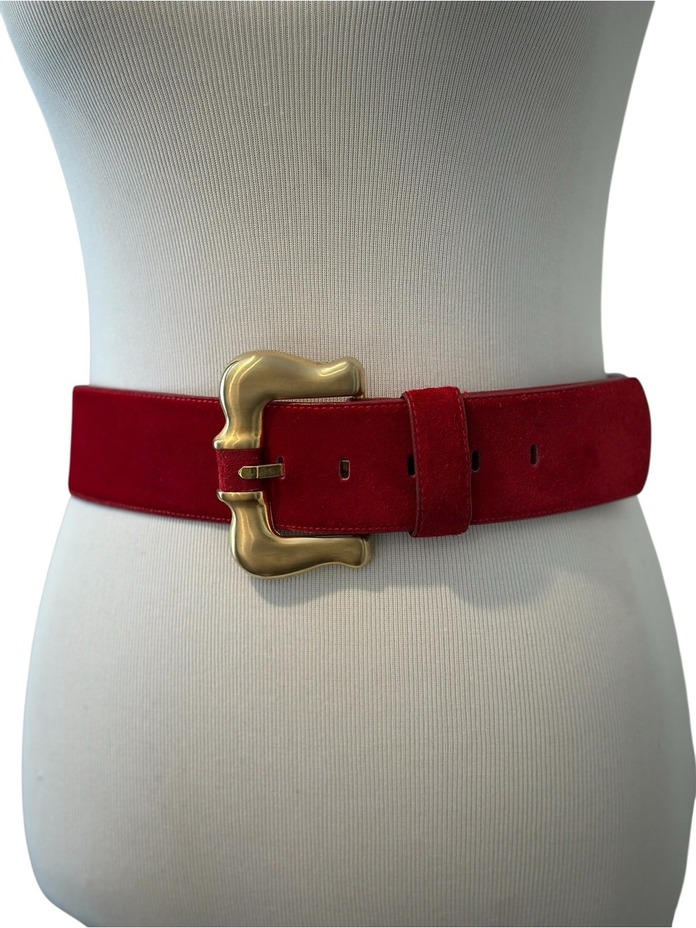 Vintage Red Suede Wide Belt with Gold Buckle